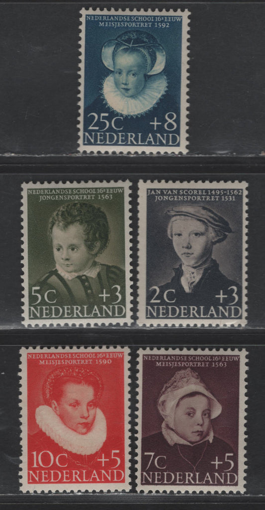 Lot 360 Netherlands SC#B301-B305 2c+3c - 25c+8c Black Violet - Dark Blue Boy by Jan van Screl - Eechie Pieters, 1956 Semi Postal Issue, 5 VFOG Singles