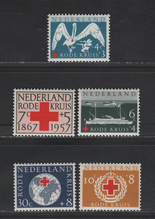 Lot 362 Netherlands SC#B311-B315 4c+3c - 30c+8c Blue & Red - Violet Blue White Pelican Feeding Young - Glove & Cross, 1957 Semi Postal Issue, 5 VFNH Singles