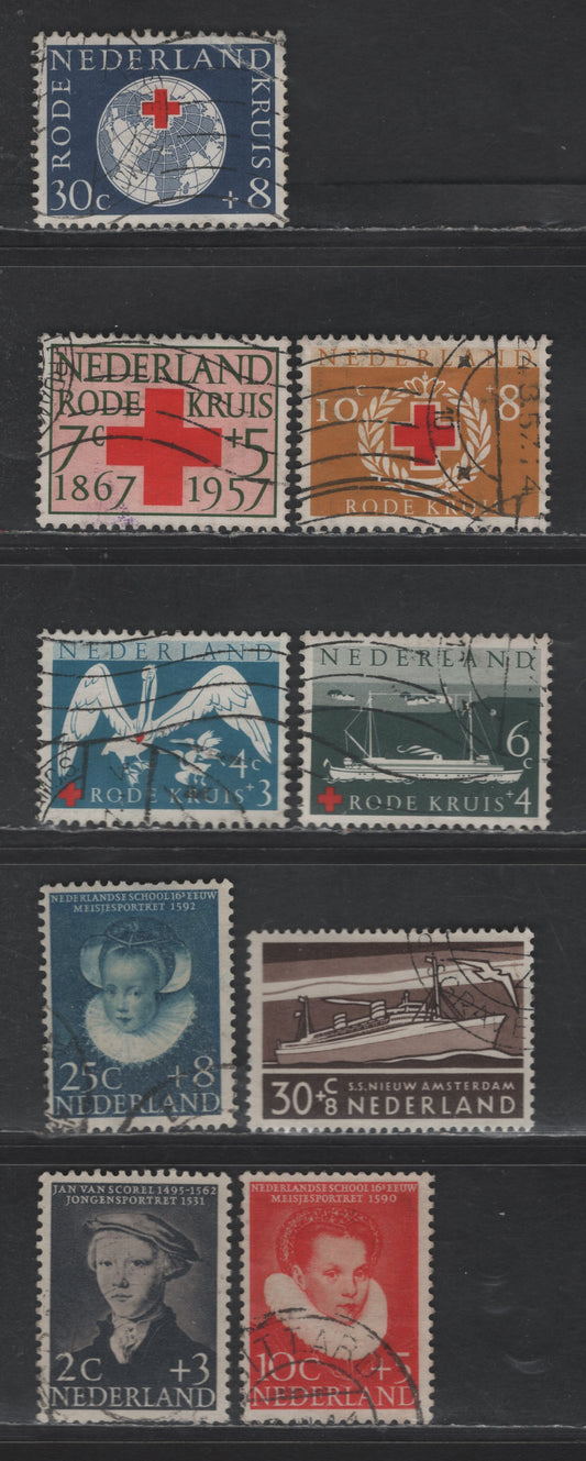 Lot 363 Netherlands SC#B301, B304-B305, B310-B315 2c+3c - 30c+8c Black Violet - Violet Blue Boy by Jan van Screl - Globe & Cross, 1956-1957 Semi Postal Issues, 9 Very Fine Used Singles