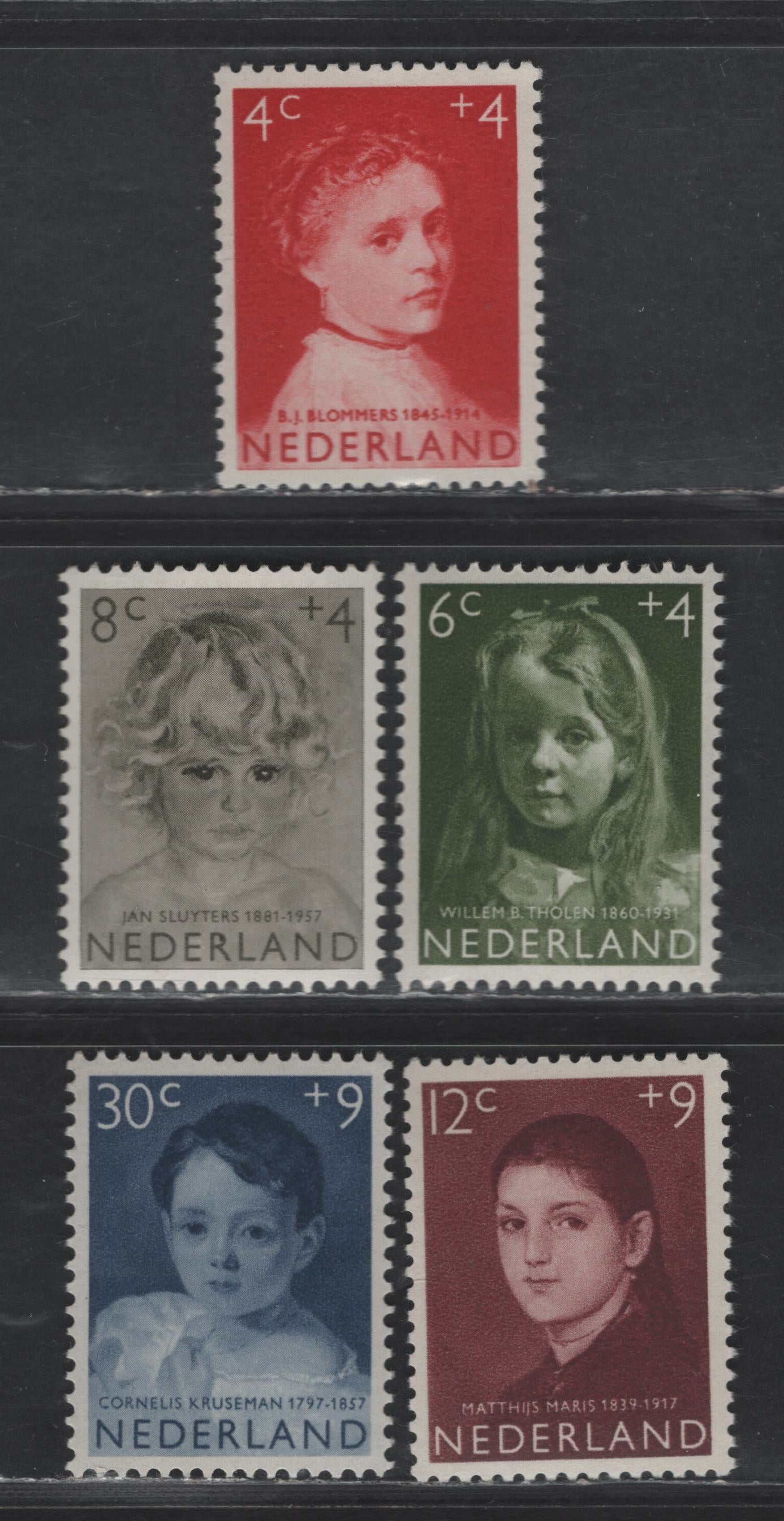 Lot 364 Netherlands SC#B316-B320 4c+4c - 30c+9c Deep Carmine - Dark Blue Girl by B.J. Blommers - Cornelis Kruseman, 1957 Semi Postal Issue, 5 VFNH Singles