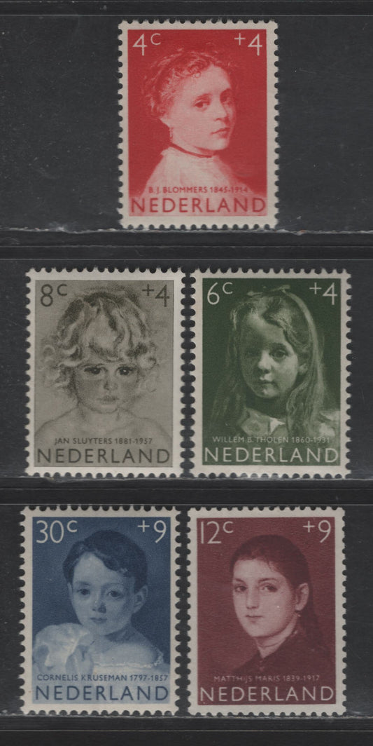 Lot 365 Netherlands SC#B316-B320 4c+4c - 30c+9c Deep Carmine - Dark Blue Girl by B.J. Blommers - Cornelis Kruseman, 1957 Semi Postal Issue, 5 VFOG Singles
