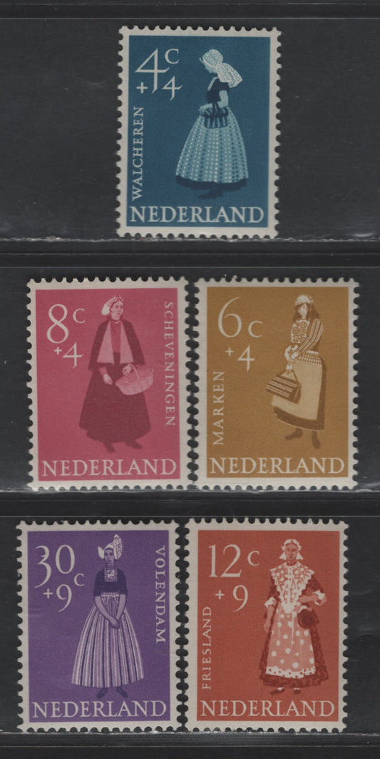 Lot 366 Netherlands SC#B321-B325 4c+4c - 30c+9c Blue - Violet Woman From Walcheren, Zeeland - Volendam, 1958 Semi Postal Issue, 5 VFNH Singles