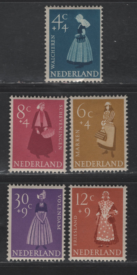 Lot 367 Netherlands SC#B321-B325 4c+4c - 30c+9c Blue - Violet Woman From Walcheren, Zeeland - Volendam, 1958 Semi Postal Issue, 5 VFOG Singles