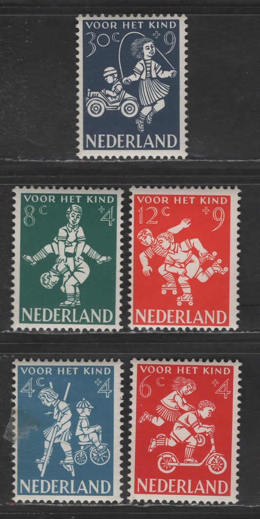 Lot 368 Netherlands SC#B326-B330 4c+4c - 30c+9c Light Blue - Dark Blue Girl on Stilts & Boy on Tricycle - Boy In Toy Car & Girl Jumping Rope, 1958 Semi Postal Issue, 5 VFOG Singles