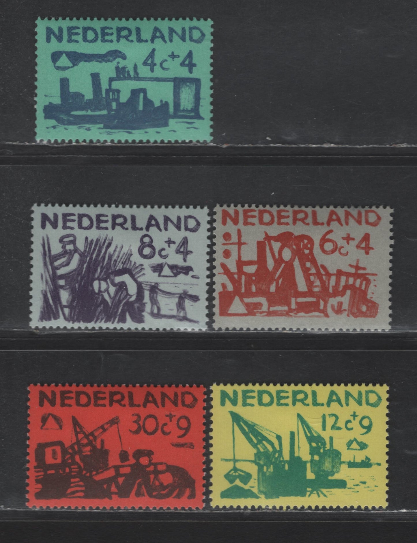 Lot 370 Netherlands SC#B331-B335 4c+4c - 30c+9c Dark Blue on Blue Green - Dark Brown on Brick Red Tugs & Caisson - Sand Spouter, 1959 Semi Postal Issue, 5 VFOG Singles
