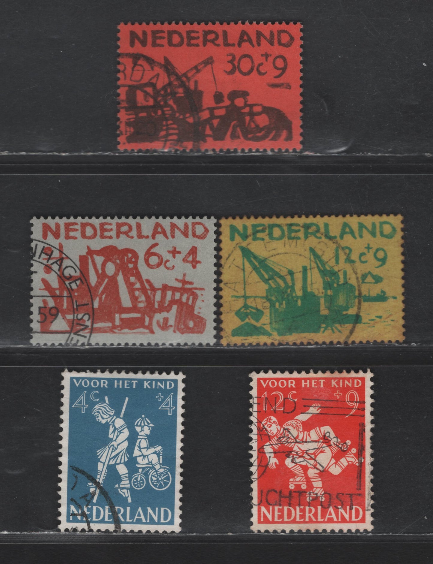Lot 371 Netherlands SC#B326, B329, B332, B334-B335 4c+4c - 30c+9c Light Blue - Dark Brown on Brick Red Girl on Stilts & Boy on Tricycle - Sand Spouter, 1958-1959 Semi Postal Issue, 5 Very Fine Used Singles