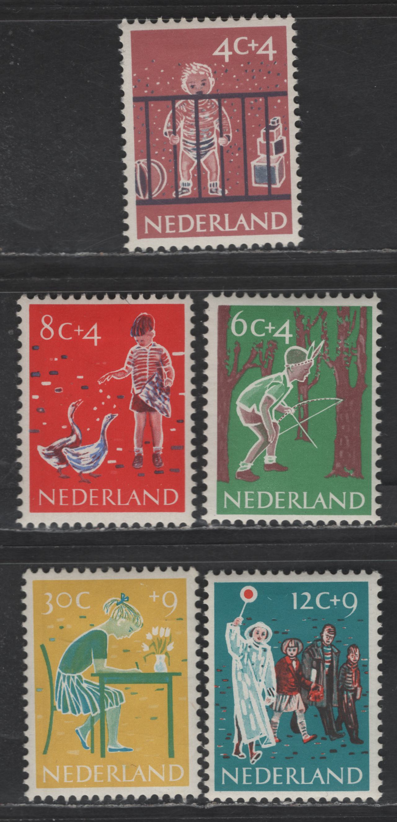 Lot 372 Netherlands SC#B336-B340 4c+4c - 30c+9c Deep Rose & Dark Blue - Yellow & Blue Child In Playpen - Doing Homework, 1959 Semi Postal Issue, 5 VFOG Singles