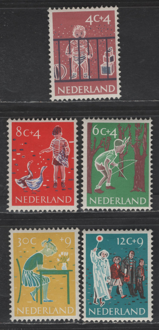 Lot 372 Netherlands SC#B336-B340 4c+4c - 30c+9c Deep Rose & Dark Blue - Yellow & Blue Child In Playpen - Doing Homework, 1959 Semi Postal Issue, 5 VFOG Singles