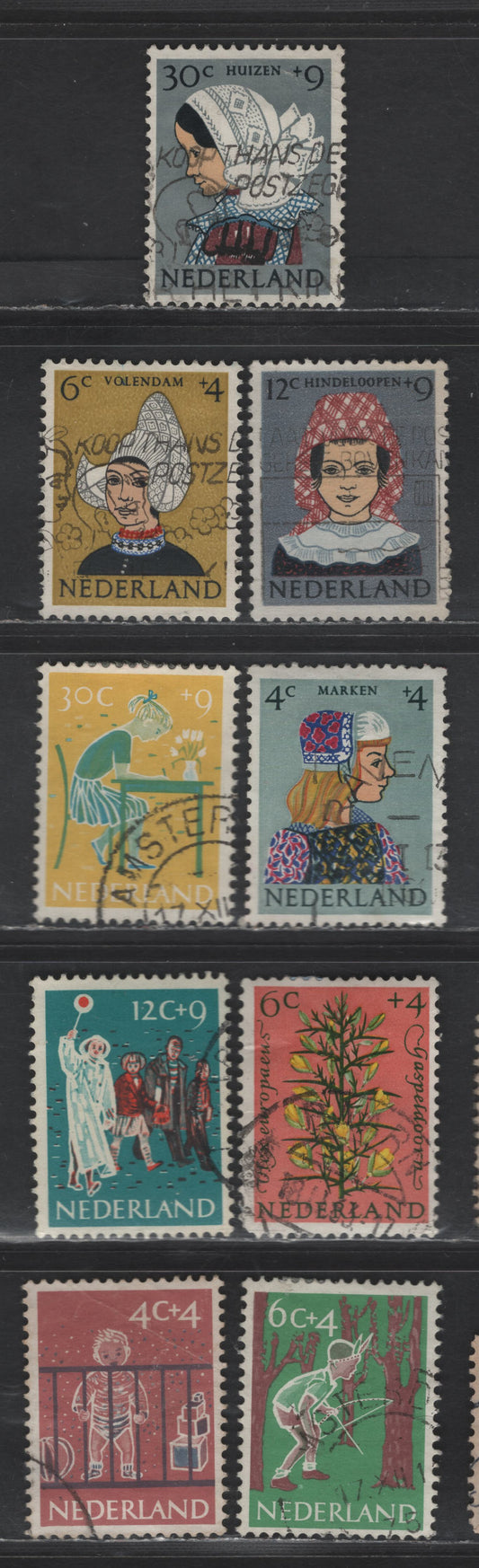 Lot 376 Netherlands SC#B336-B337, B339-B340, B344, B348-B349, B351-B352 4c+4c - 30c+9c Deep Rose & Dark Blue - Multicolored Child In Playpen - Girl From Huizen, 1959-1960 Semi Postal Issues, 9 Very Fine Used Singles