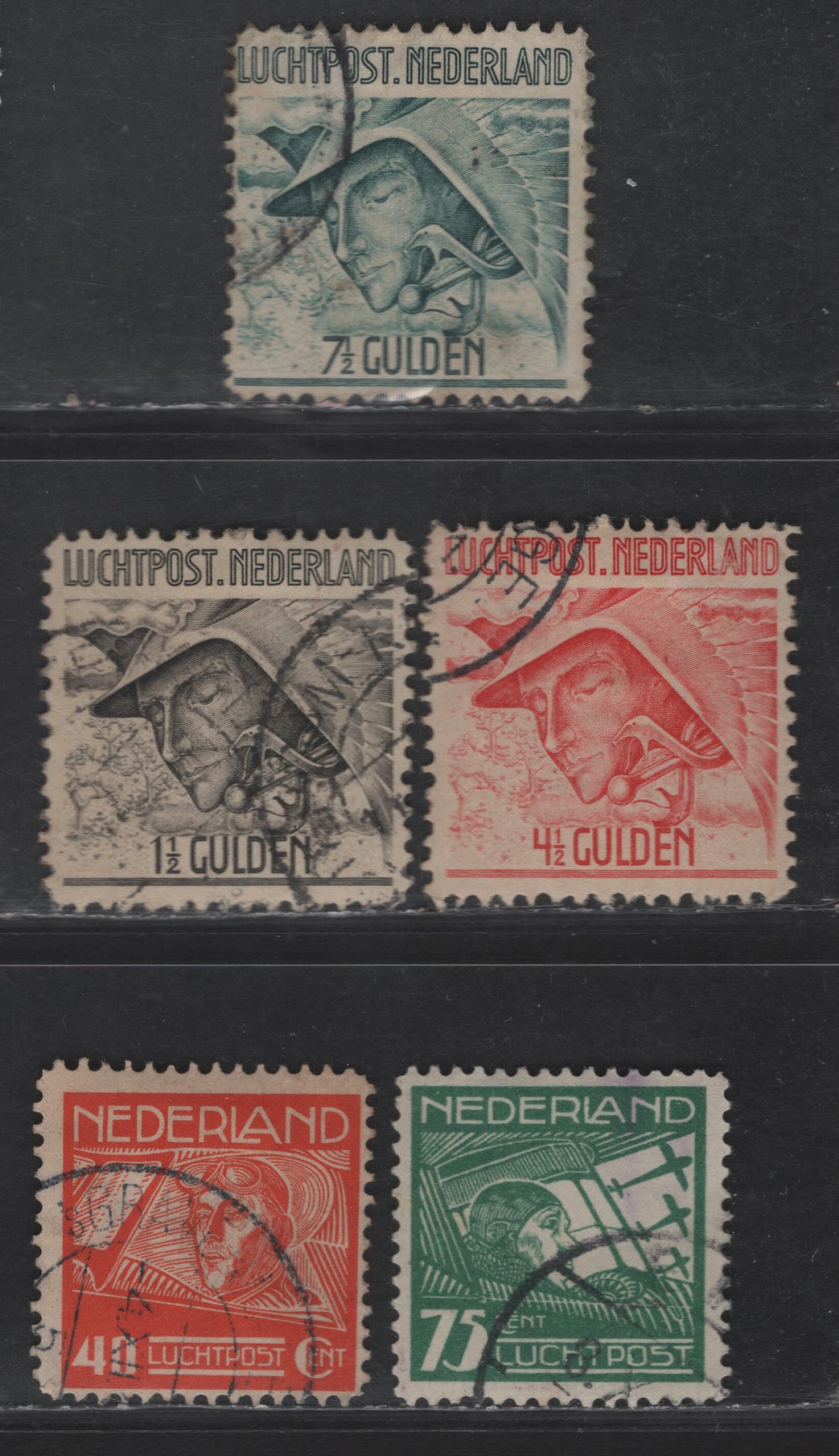 Lot 377 Netherlands SC#C4-C8 40c - 7.5g Orange Red - Blue Green Lt. G.A. Koppen - Mercury, 1928-1929 Airmail Issues, 5 Fine/Very Fine Used Singles