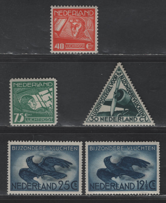 Lot 378 Netherlands SC#C4-C5, C10-C12 40c -25c Orange Red - Dark Blue & Gray Lt. G.A. Koppen - Crow in Flight, 1928-1953 Airmail Issues, 5 VFNH/OG Singles, C10-C12 Are NH, Rest OG