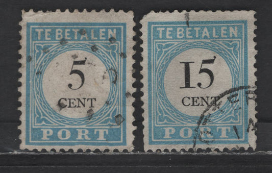 Lot 386 Netherlands SC#J6, J9 5c - 15c Light Blue Numeral, 1881-1887 Postage Due, 2 Fine/Very Fine Used Singles, Type 3