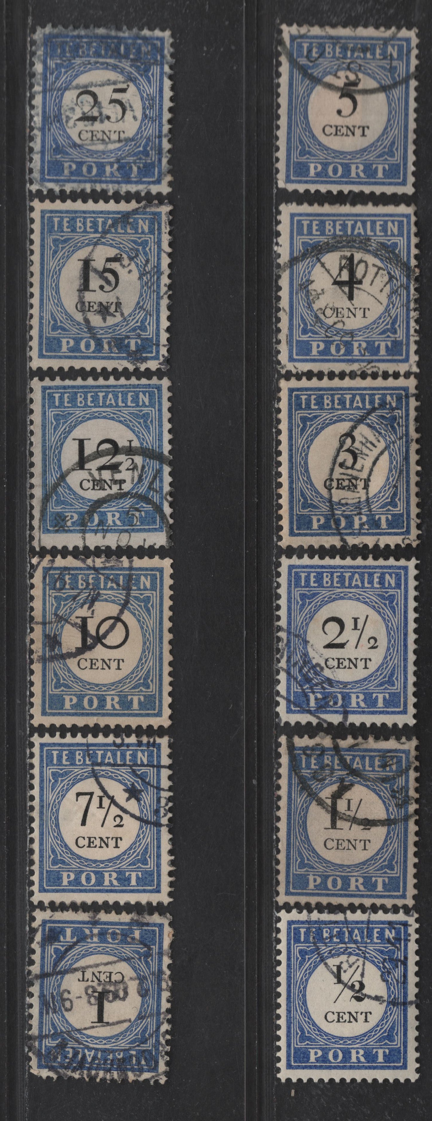 Lot 387 Netherlands SC#J13-J19, J21-J24, J26 1/2c - 25c Dark Blue Numeral, 1896-1910 Postage Due, 8 Very Fine Used Singles, Type 1