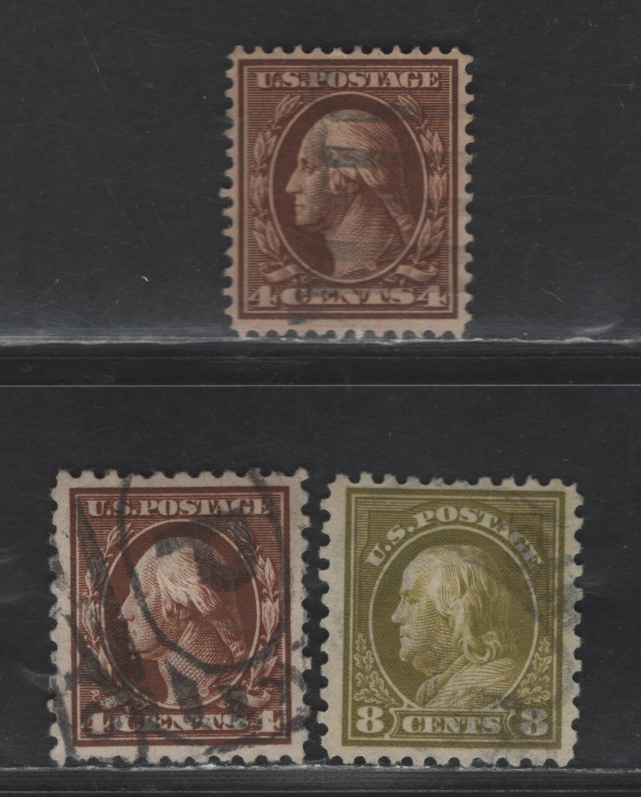 Lot 390 United States Of America SC#377, 427, 431 4c, 8c Brown & Olive Bistre Franklin & Washington, 1908-1920 Washington-Franklin Issue, 3 VF Used Singles Perf. 12 & 10, Wmk Single Lined USPS