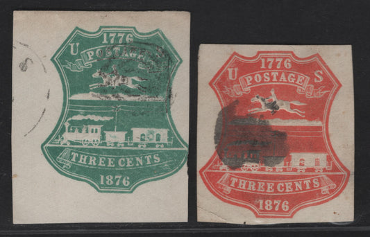 Lot 39 United States SC#U218-U219 3c Red & Green Crest, 1876 Centennial Issue, 2 Fine Used Singles
