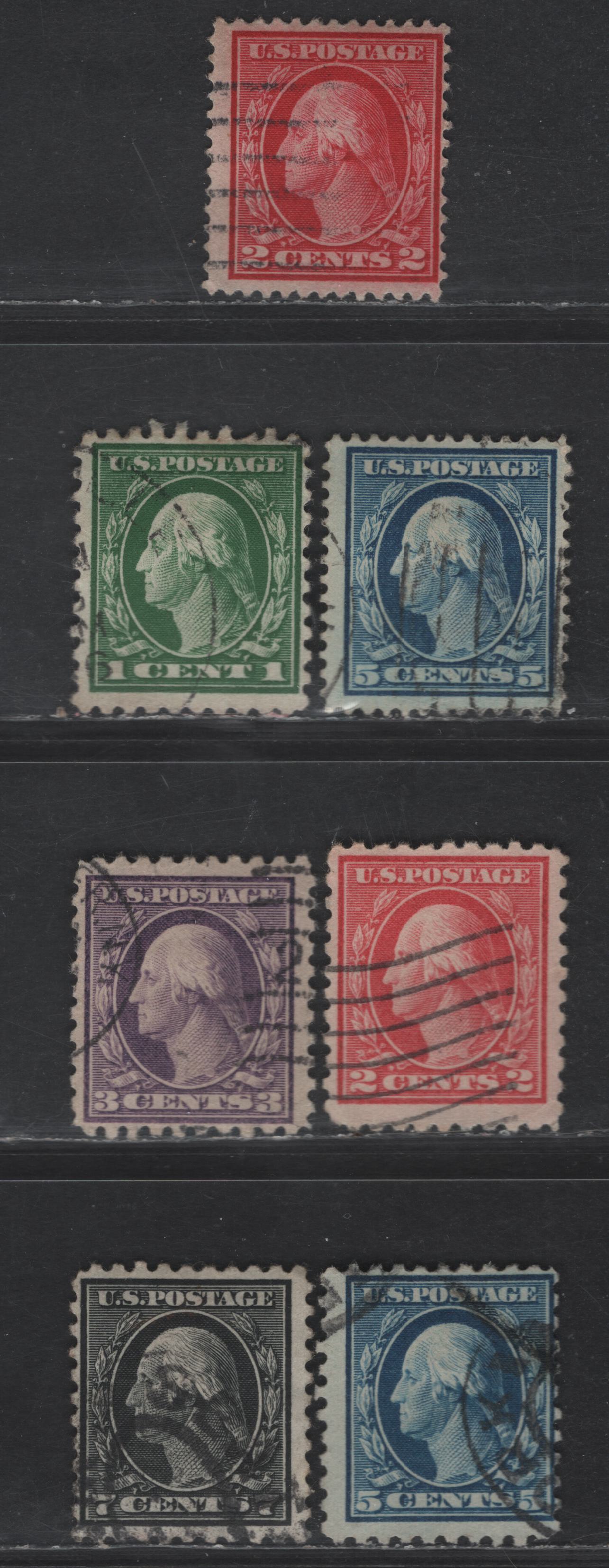 Lot 391 United States Of America SC#375, 378, 424-426, 428, 430 1c-7c Green - Black George Washington, 1908-1920 Washington-Franklin Issue, Fine Used Perf. 12 & 10, Wmk Single Lined USPS