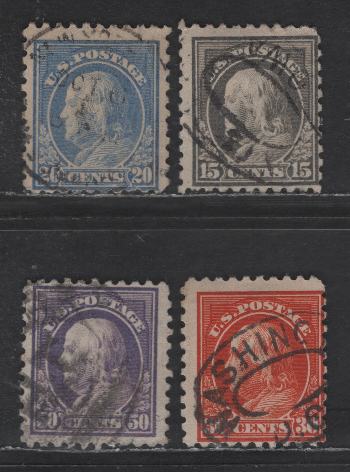 Lot 392 United States Of America SC#437-440 15c-50c Grey - Violet Benjamin Franklin, 1908-1920 Washington-Franklin Issue, 4 VG & Fine Used Singles Perf. 10, Wmk Single Lined USPS, 15c & 50c With Small, Light Creases