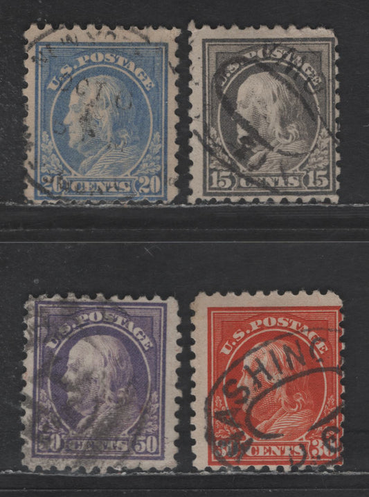 Lot 392 United States Of America SC#437-440 15c-50c Grey - Violet Benjamin Franklin, 1908-1920 Washington-Franklin Issue, 4 VG & Fine Used Singles Perf. 10, Wmk Single Lined USPS, 15c & 50c With Small, Light Creases