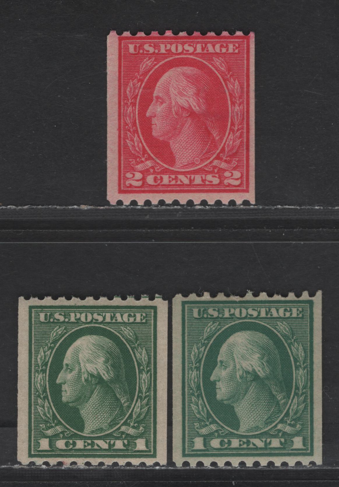 Lot 394 United States Of America SC#441, 448, 450 1c, 2c Green, Bluish Green, Carmine Rose George Washington, 1908-1920 Washington-Franklin Issue, 3 Fine & VFOG Singles Flat & Rotary Press Coil Singles, Perf. 10 Horizontally