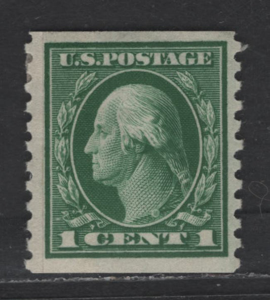 Lot 395 United States Of America SC#443 1c Green George Washington, 1908-1920 Washington-Franklin Issue, A VFOG Single Flat Plate Paste-Up Coil, Perf. 10 Vertically, Wmk Single Lined USPS