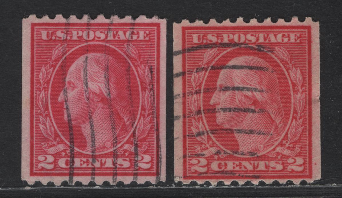 Lot 400 United States Of America SC#450 2c Rose Carmine George Washington, 1908-1920 Washington-Franklin Issue, 2 VF Used Singles Rotary Press Coil, Perf. 10 Horizontally, Type 3, 2 Different Shades