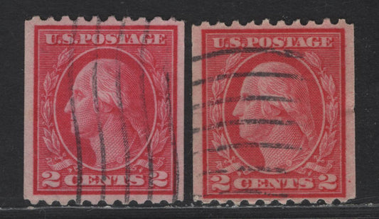 Lot 400 United States Of America SC#450 2c Rose Carmine George Washington, 1908-1920 Washington-Franklin Issue, 2 VF Used Singles Rotary Press Coil, Perf. 10 Horizontally, Type 3, 2 Different Shades