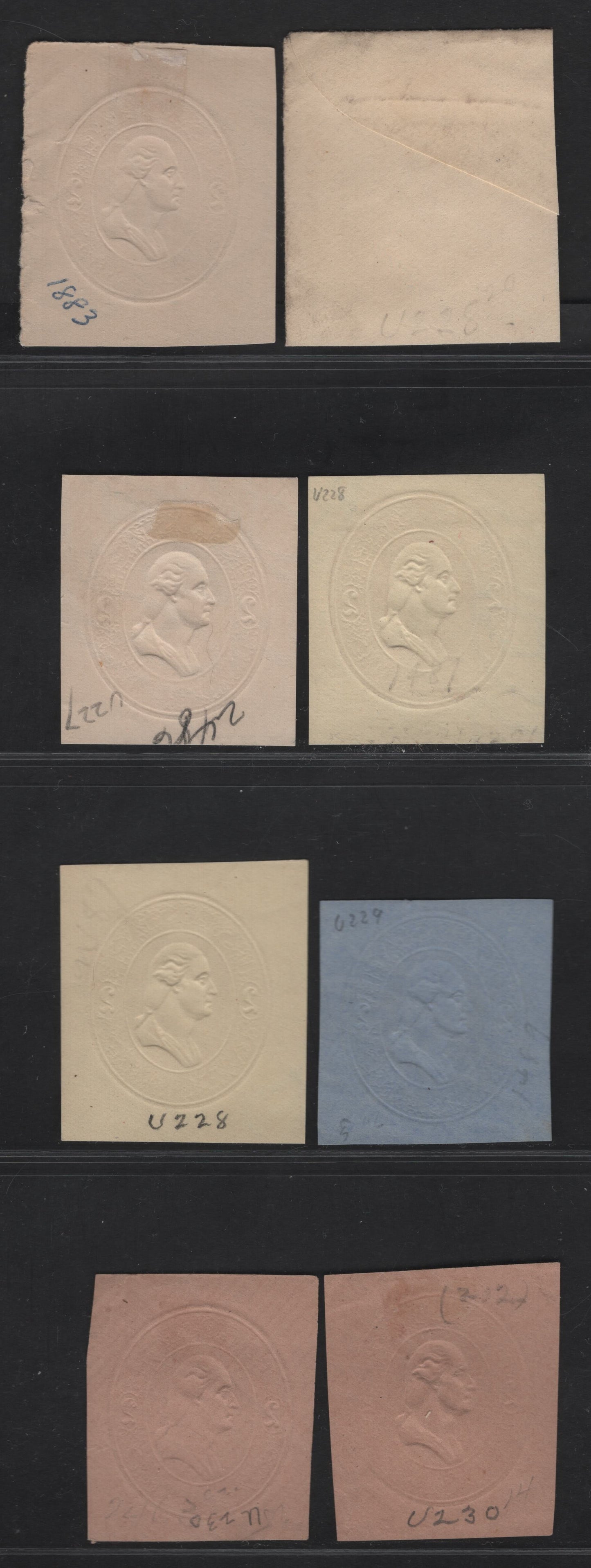 Lot 40 United States SC#U227-U230 2c Red & Pale Red Washington, 1883 Plimpton Issue, 4 Fine/Very Fine Used Singles, White, Amber, Fawn & Bluer Papers