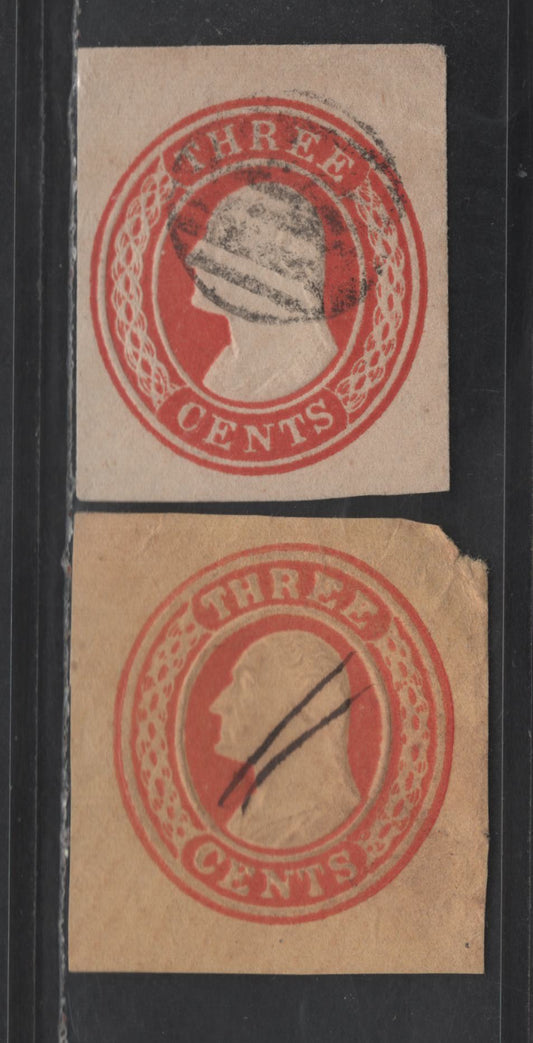 Lot 4 United States SC#U9, U9var 3c Red Washington, 1853-1855 Nesbitt Issue, 2 Fine Used Singles, White & Unlisted Pale Yellow Papers, 14.5mm Label At Top