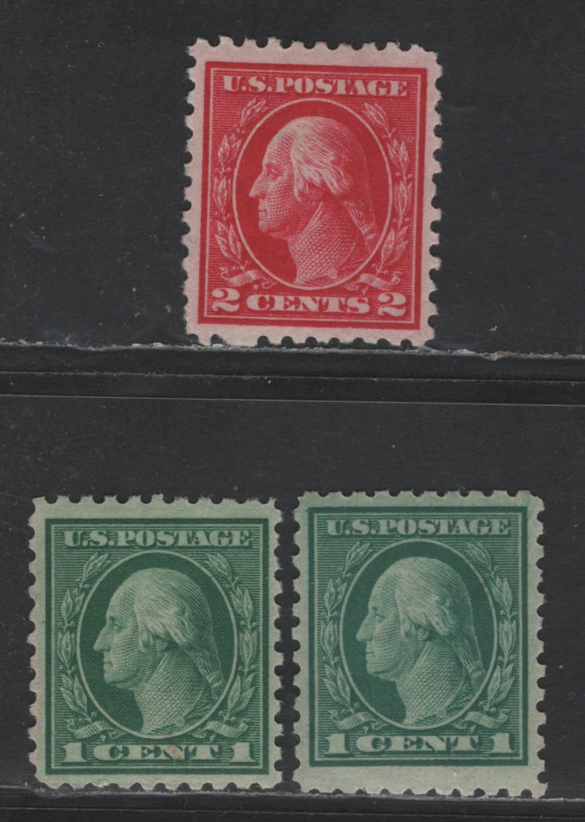 Lot 401 United States Of America SC#462-463 1c-2c Green, Bluish Green, Carmine George Washington, 1908-1920 Washington-Franklin Issue, 3 VFOG Singles Perf. 10, Unwatermarked