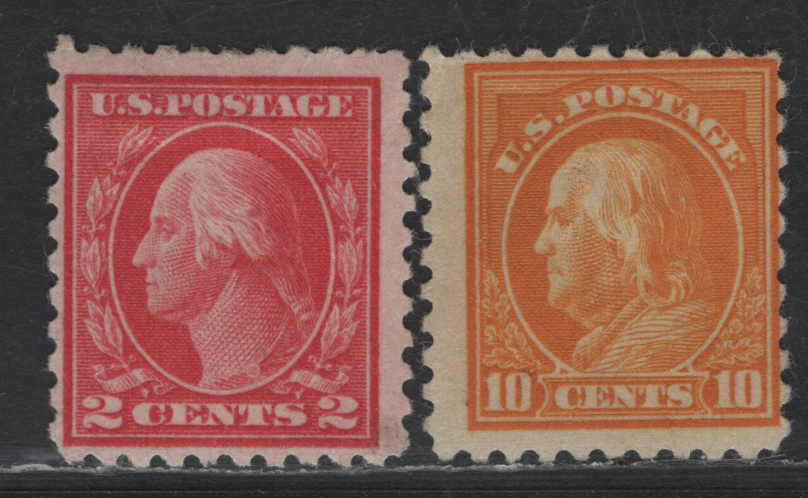 Lot 404 United States Of America SC#463, 472 2c, 10c Rose Carmine, Orange Yellow George Washington, 1908-1920 Washington-Franklin Issue, 2 Fine OG Singles Perf. 10, Unwatermarked
