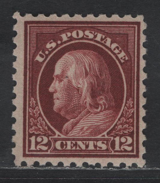 Lot 407 United States Of America SC#474 12c Claret Brown Benjamin Franklin, 1908-1920 Washington-Franklin Issue, A Fine OG Single Perf. 10, Unwatermarked