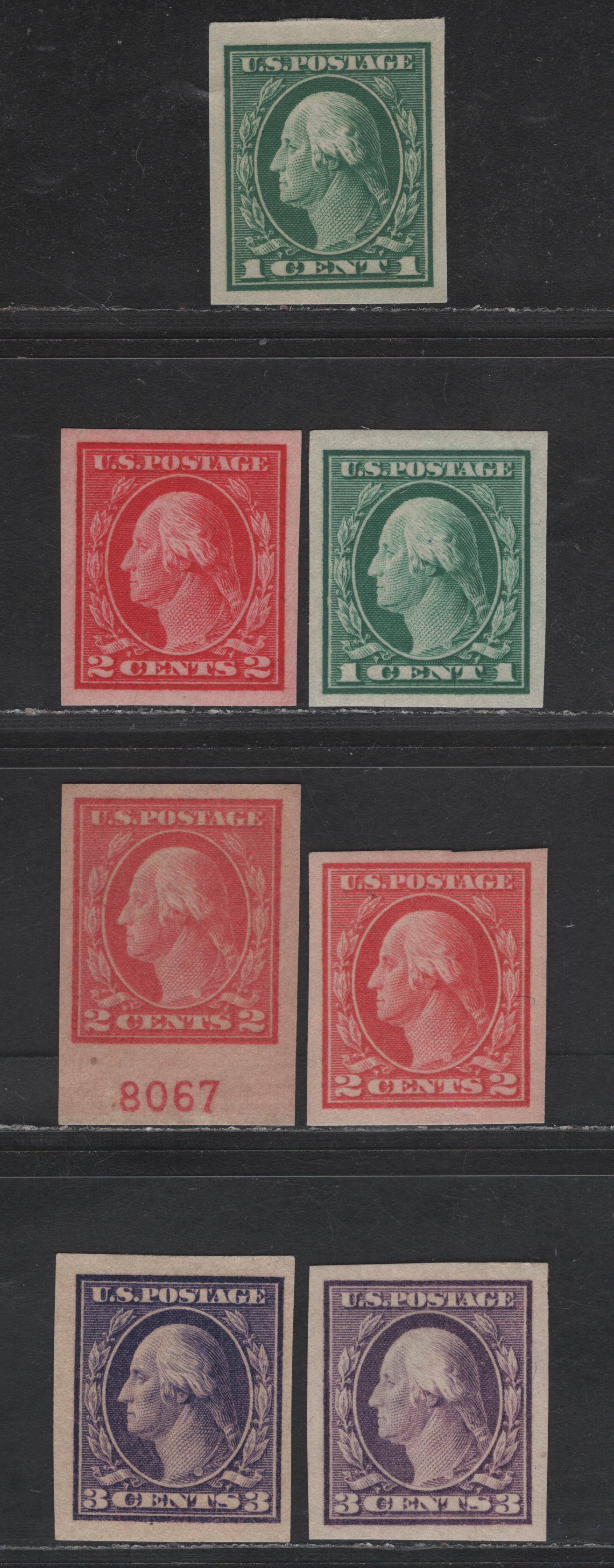 Lot 408 United States Of America SC#481-484 1c-3c Green, Bluish Green, Carmine, Rose, Violet & Deep Violet George Washington, 1908-1920 Washington-Franklin Issue, 7 VFOG Singles Imperforate, Type 1  and 3c Type 1 & 2, Unwatermarked