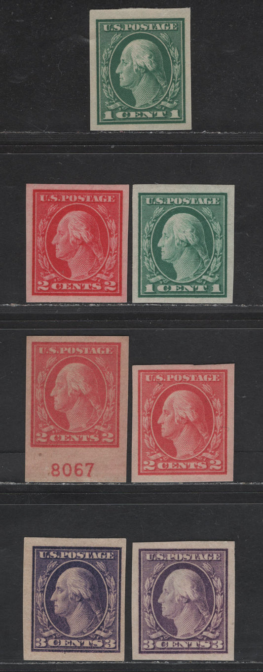 Lot 408 United States Of America SC#481-484 1c-3c Green, Bluish Green, Carmine, Rose, Violet & Deep Violet George Washington, 1908-1920 Washington-Franklin Issue, 7 VFOG Singles Imperforate, Type 1  and 3c Type 1 & 2, Unwatermarked