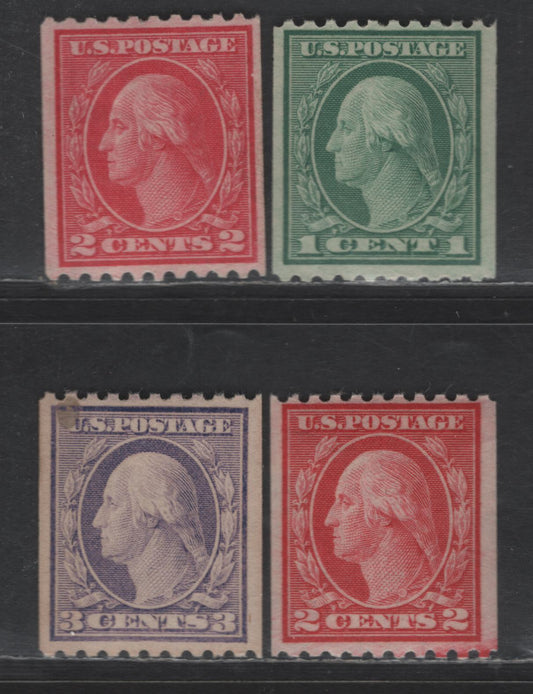 Lot 410 United States Of America SC#486, 488-489 1908-1920 Washington-Franklin Issue, 4 VFOG Singles Rotary Press Coil Stamps, Perf. 10 Horizontally, Unwatermarked, Types 3 & 1, Small Oil Spot On 3c