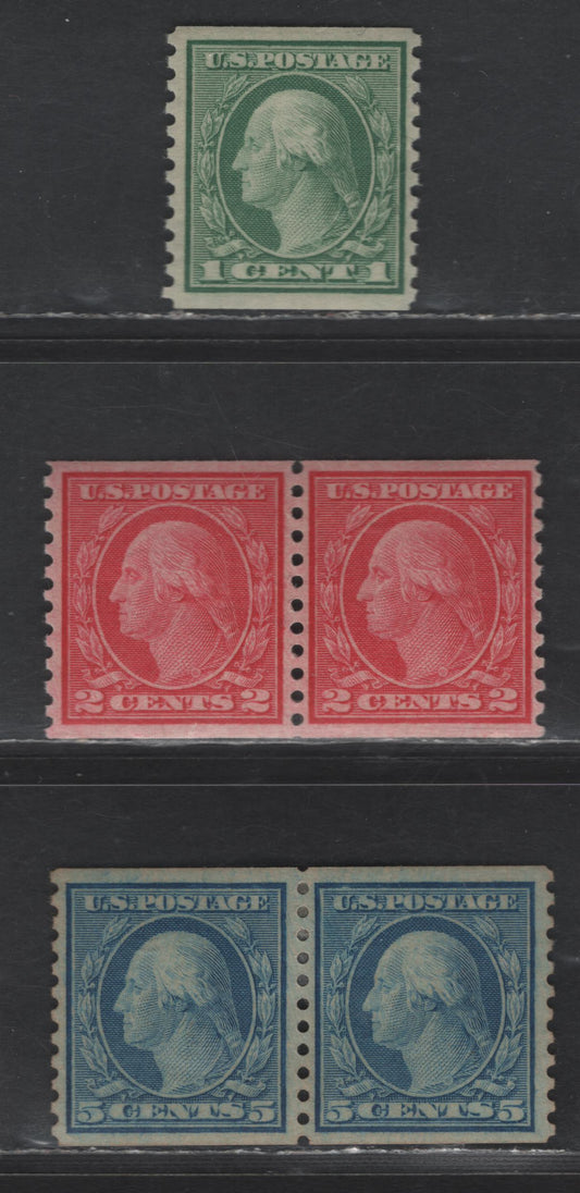 Lot 411 United States Of America SC#490, 492, 496 1c-2c, 5c Dull Green, Carmine Rose & Blue George Washington, 1908-1920 Washington-Franklin Issue, 3 VFOG Singles Rotary Press Coil Single & 2 Pairs, Perf. 10 Vertically, 2c Is Type 3