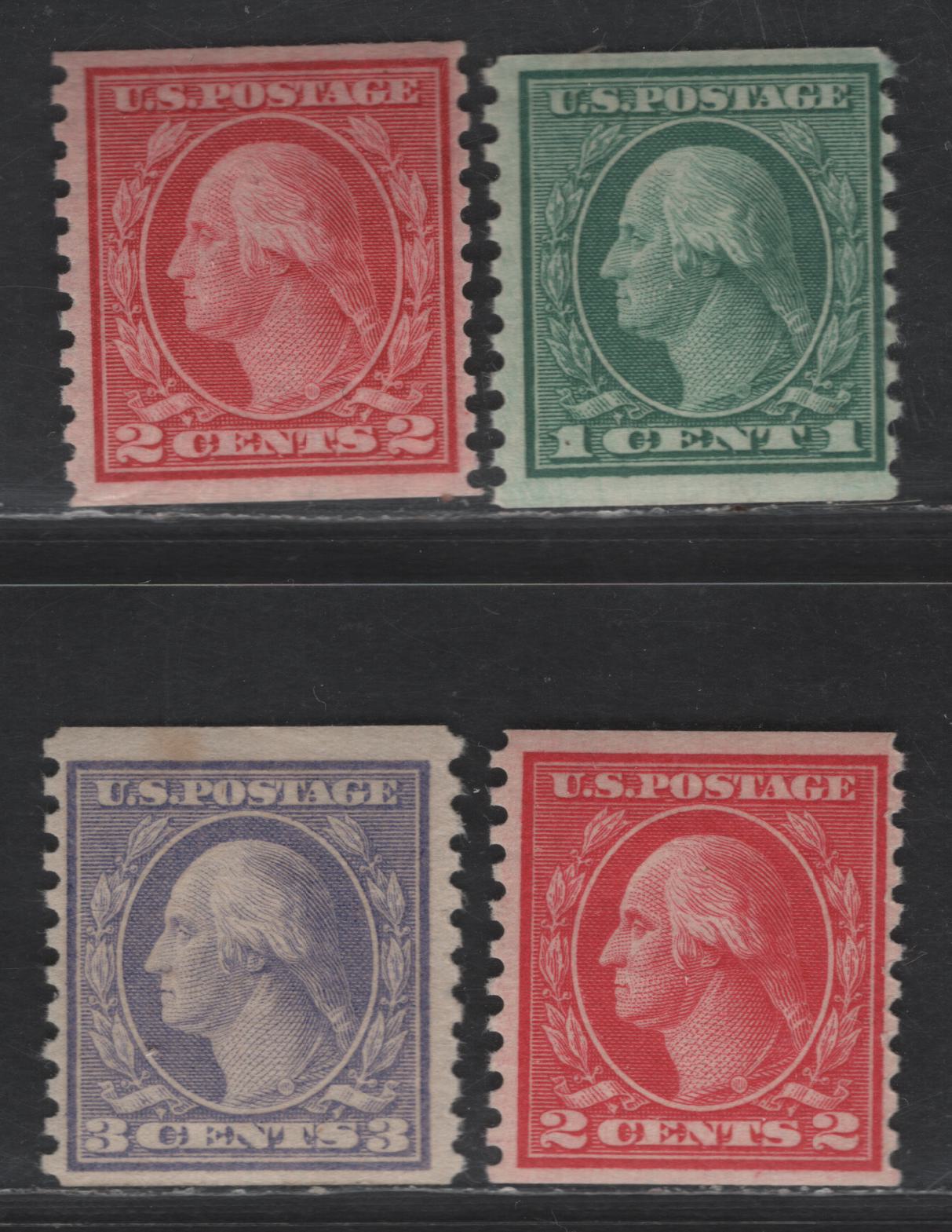 Lot 412 United States Of America SC#490, 492, 494 1c-3c Bluish Green, Rose Carmine, Bright Rose, Pale Violet George Washington, 1908-1920 Washington-Franklin Issue, 3 Fine OG Singles Rotary Press Coil Singles, Perf. 10 Vertically, 2c Is Type 3