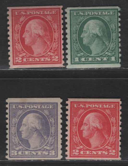 Lot 412 United States Of America SC#490, 492, 494 1c-3c Bluish Green, Rose Carmine, Bright Rose, Pale Violet George Washington, 1908-1920 Washington-Franklin Issue, 3 Fine OG Singles Rotary Press Coil Singles, Perf. 10 Vertically, 2c Is Type 3