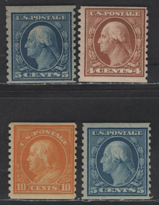 Lot 413 United States Of America SC#495-497 4c-5c, 10c Yellow Brown, Blue, Dull Blue, Orange Yellow George Washington, 1908-1920 Washington-Franklin Issue, 4 Fine OG Singles Rotary Press Coil Singles, Perf. 10 Vertically