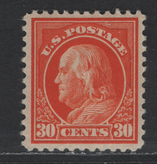 Lot 416 United States Of America SC#516 30c Deep Red Orange Benjamin Franklin, 1908-1920 Washington-Franklin Issue, A VFOG Single Perf. 11, Unwatermarked