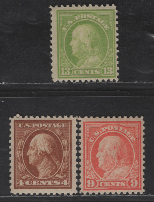 Lot 417 United States Of America SC#503, 509, 513 4c, 9c, 13c Yellow Brown, Salmon Red, Apple Green Franklin & Washington, 1908-1920 Washington-Franklin Issue, 3 Fine NH Singles Perf. 11, Unwatermarked