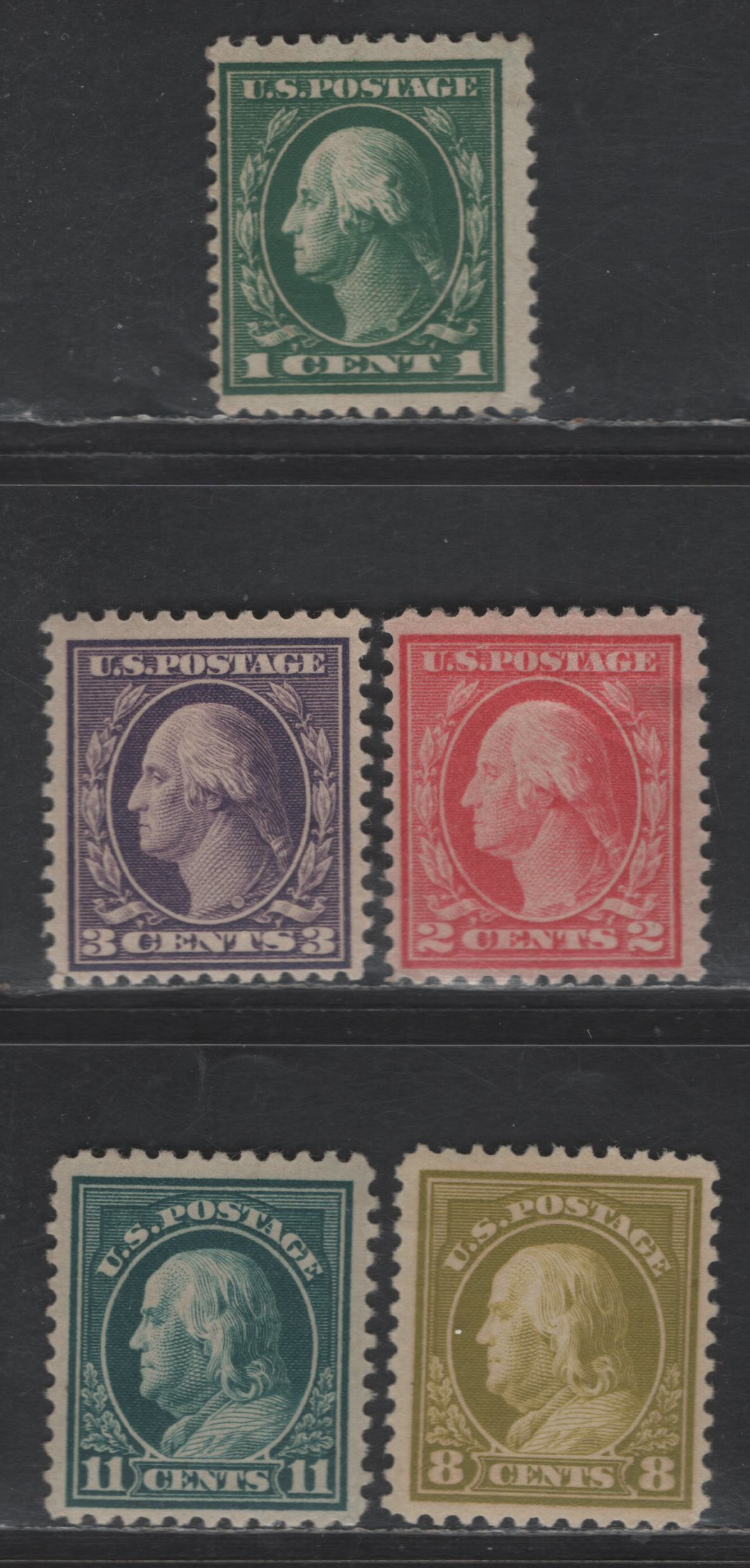Lot 418 United States Of America SC#498-499, 502, 508, 511 1c-11c Green - Myrtle Green Franklin & Washington, 1908-1920 Washington-Franklin Issue, 5 Fine & VFOG Singles Perf. 11, Unwatermarked