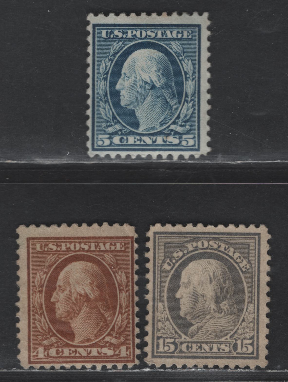 Lot 419 United States Of America SC#503-504, 514 4c-5c, 15c Brown, Blue & Grey George Washington, 1908-1920 Washington-Franklin Issue, 3 Fine & VF unused Singles Perf. 11, Unwatermarked, 4c With Small Corner Crease, 5c Is Regummed, All Offered As unused