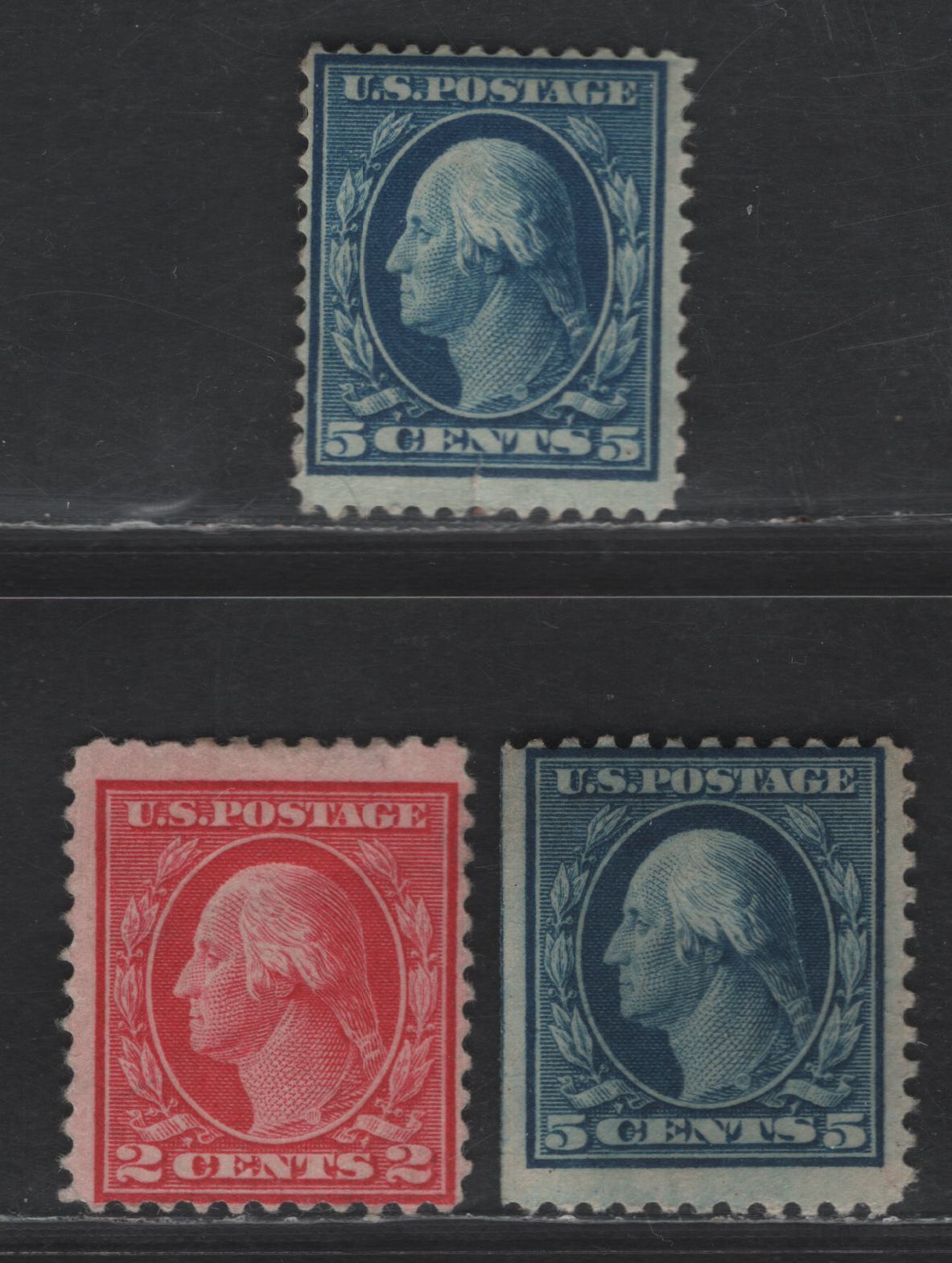 Lot 420 United States Of America SC#378, 499, 504 2c, 5c Carmine & Blue George Washington, 1908-1920 Washington-Franklin Issue, 3 Good OG, Fine OG Singles Perf. 12 Watermarked Single Lined USPS, Perf. 11 Unwatermarked, Small Tear At Base Of Perf. 12 5c