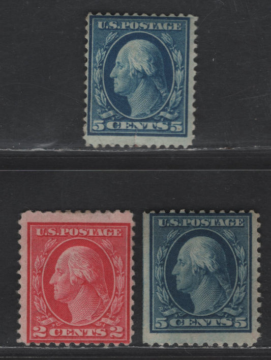 Lot 420 United States Of America SC#378, 499, 504 2c, 5c Carmine & Blue George Washington, 1908-1920 Washington-Franklin Issue, 3 Good OG, Fine OG Singles Perf. 12 Watermarked Single Lined USPS, Perf. 11 Unwatermarked, Small Tear At Base Of Perf. 12 5c
