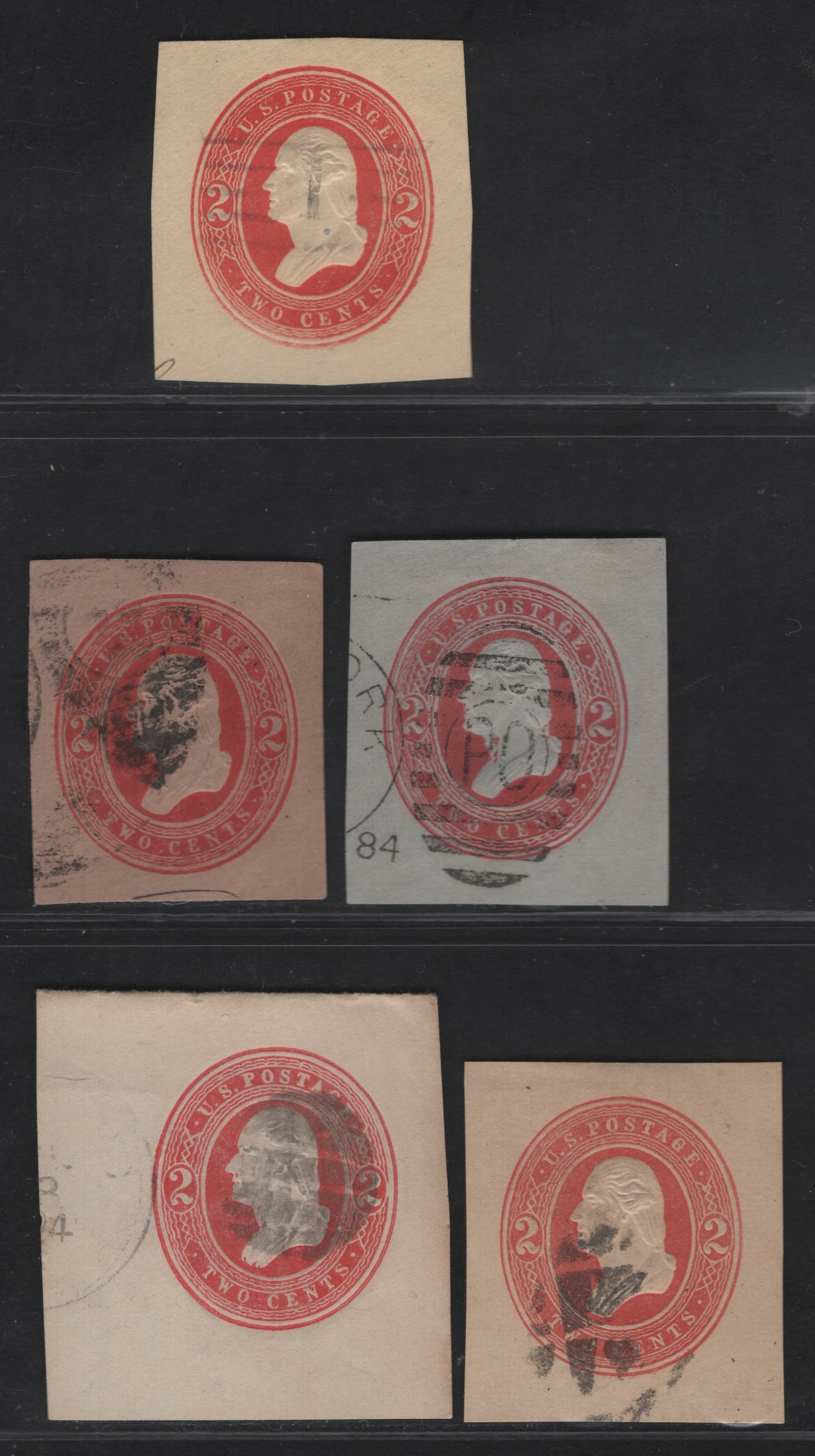 Lot 42 United States SC#U231-U234, W235 2c Red Washington, 1883-1886 Washington Issue, 5 Fine/Very Fine Used Singles, White, Amber, Blue, Fawn & Manilla Wrapper, Four Wavy Lines In Oval