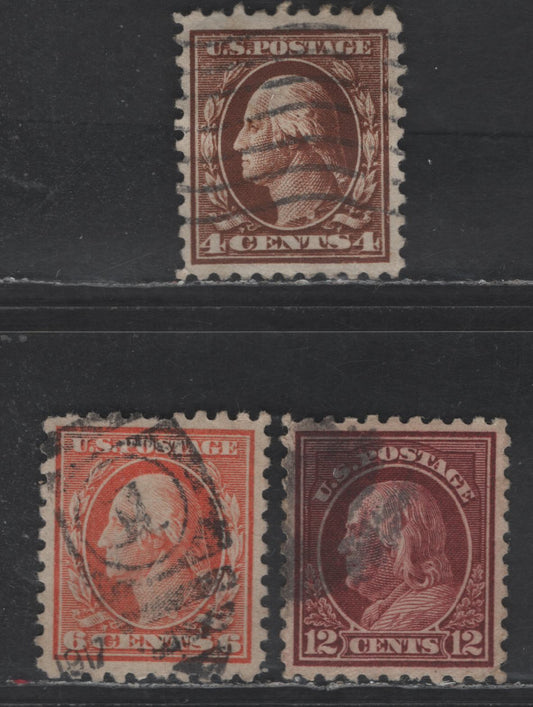 Lot 421 United States Of America SC#465, 468, 474 4c, 6c, 12c Yellow Brown, Pale Orange & Claret Brown Franklin & Washington, 1908-1920 Washington-Franklin Issue, 3 Fine & VF Used Singles Perf. 10, Unwatermarked, Small Internal Crease On 12c