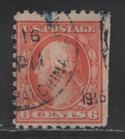 Lot 422 United States Of America SC#468 6c Pale Orange George Washington, 1908-1920 Washington-Franklin Issue, A Good Used Single Perf. 10, Unwatermarked, 1916 Shanghai China CDS Cancel, Sold For the Cancel, Trimmed Along Right Edge