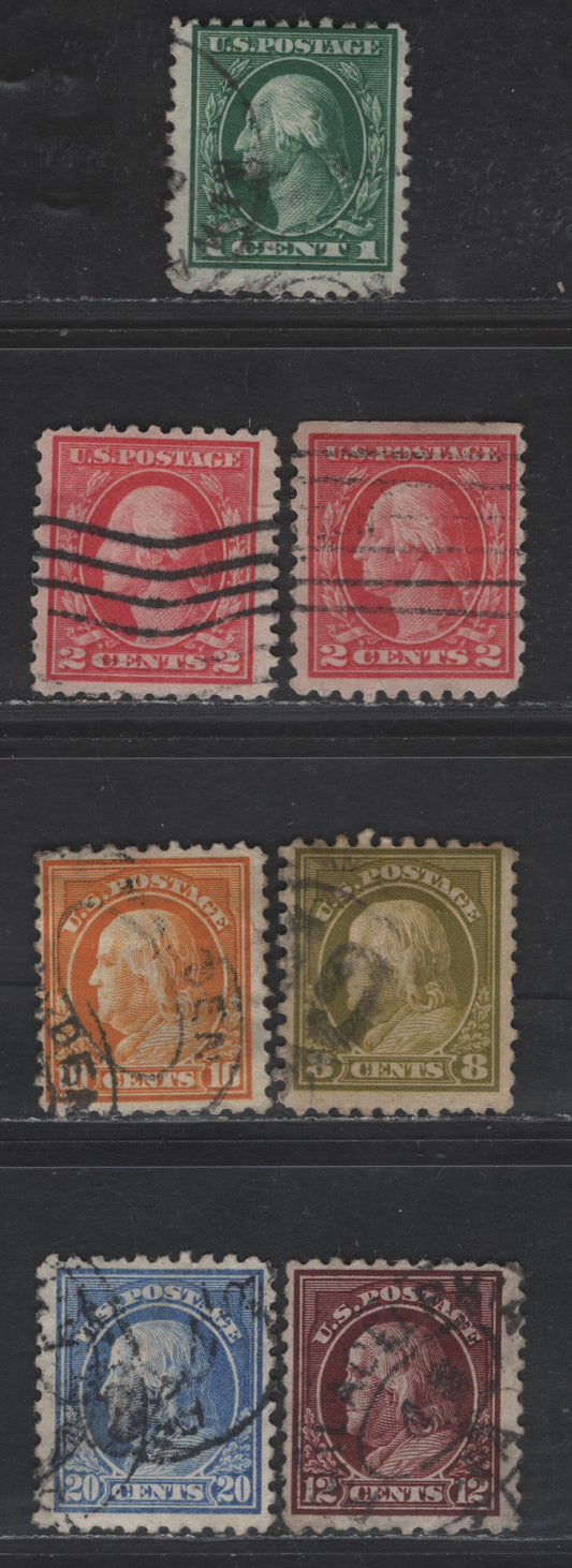 Lot 424 United States Of America SC#462-463, 470, 472, 474, 476 1c-20c Green - Light Ultramarine Franklin & Washington, 1908-1920 Washington-Franklin Issue, 7 VG & Fine Used Singles Perf 10 Unwatermarked, 2c Is Type 1, Two Shades Of Rose & Carmine Rose