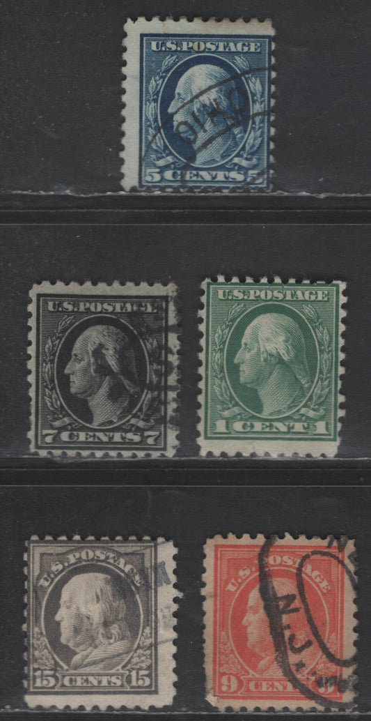 Lot 425 United States Of America SC#462, 466, 469, 471, 475 1c-15c Dull Green - Grey Franklin & Washington, 1908-1920 Washington-Franklin Issue, 5 Good & VG Used Singles Perf 10 Unwatermarked, 1c Has A Small Tear, 15c With Light Diagonal Crease