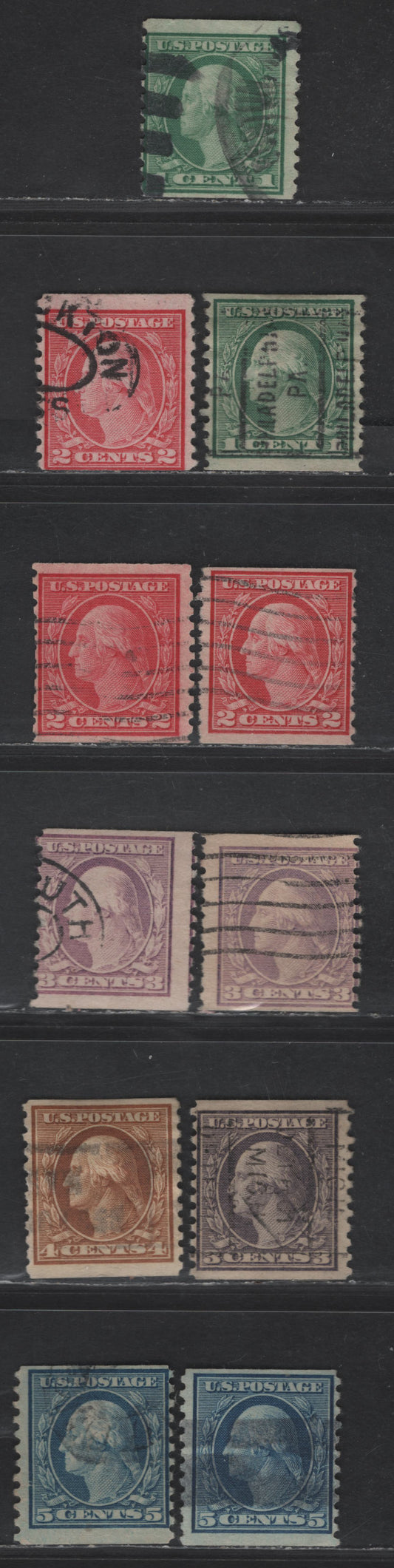 Lot 427 United States Of America SC#490, 492-496 1c-5c Green - Blue George Washington, 1908-1920 Washington-Franklin Issue, 11 Good, VG & Fine Used Singles Rotary Press Coils, Perf. 10 Vertically, With Shade Variations, 2c Are Type 3, 3c Are Types 1 & 2